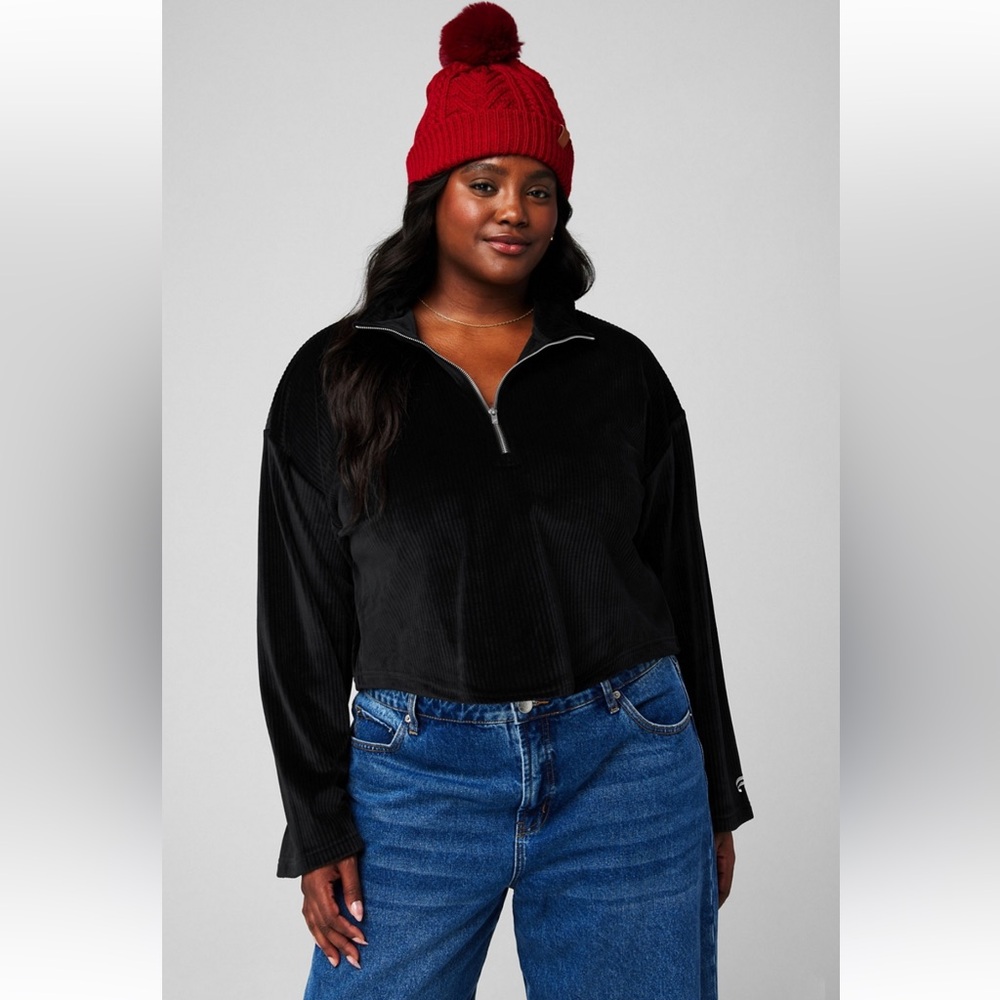 Black Plush Rib Half Zip Sweatshirt